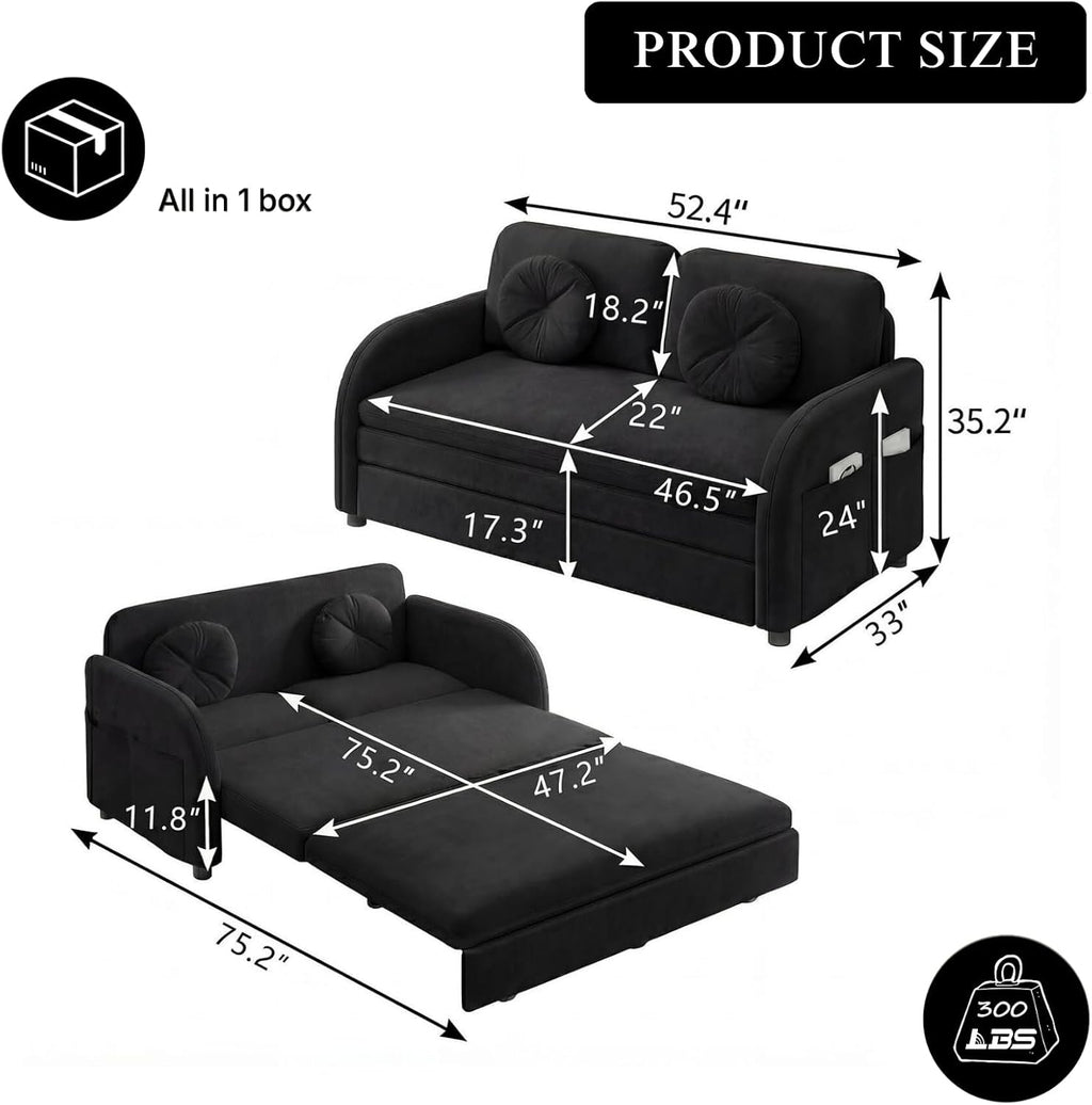 3-in-1 Sleeper Sofa Loveseat with Pull-Out Bed, Chenille Convertible Couch with Double-Layer Cushions, USB Ports & Storage Pockets for Living Room and Apartment (Black, 52.4") | Convertible Sleeper
