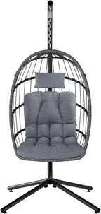 SWITTE Egg Chair Outdoor with Stand, Indoor Wicker Hanging Egg Swing Chair with Cushion, 350lbs Capacity for Patio, Bedroom, Garden - Light Grey