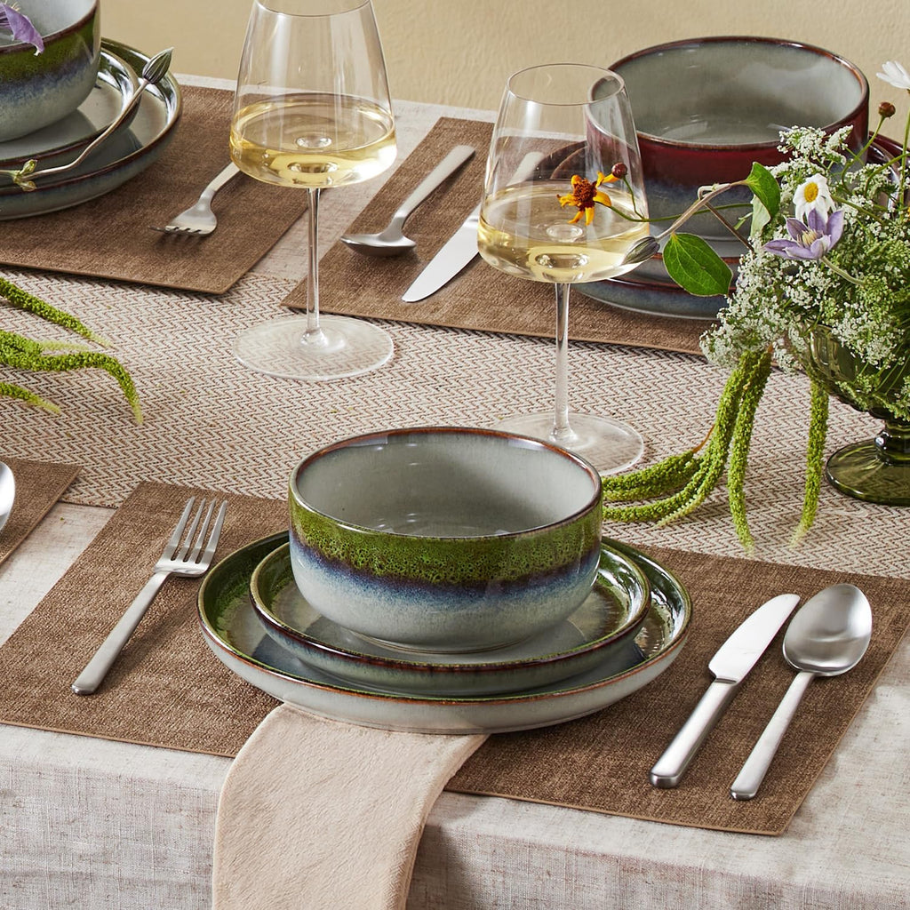 KINGSTONE Stoneware Dinnerware Sets for 4, 12-Piece Reactive Glaze Plates and Bowls Sets, Scratch-Resistant Rustic Ceramic Dish Set for Daily Party Gifts, Microwave Dishwasher Safe, Kiln-Fired Green