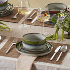 KINGSTONE Stoneware Dinnerware Sets for 4, 12-Piece Reactive Glaze Plates and Bowls Sets, Scratch-Resistant Rustic Ceramic Dish Set for Daily Party Gifts, Microwave Dishwasher Safe, Kiln-Fired Green
