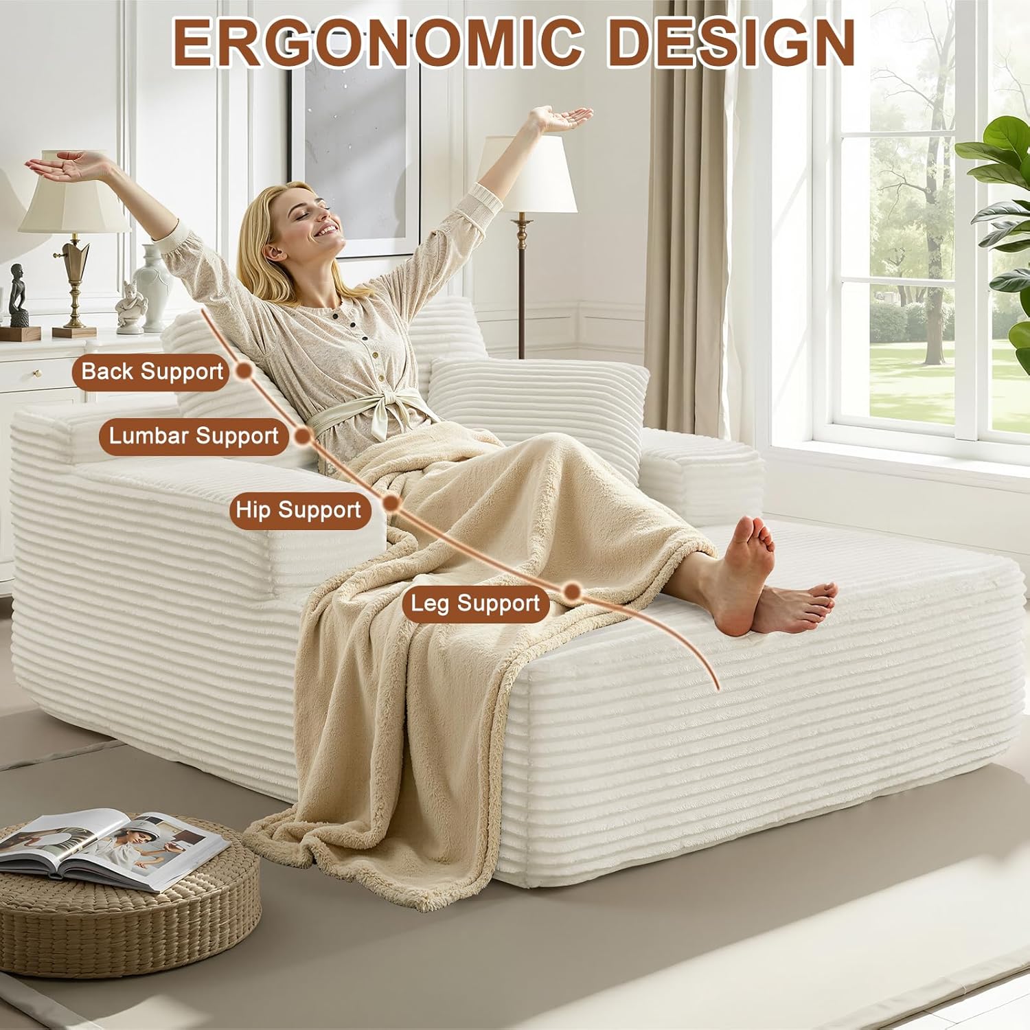 67.5 Inch Oversized Indoor Chaise Lounge, Sofa Bed, Living Room Sofa, Corduroy Sofa, Couches for Living Room, Deep Seat Sleeper Couch Reading Chairs (White)