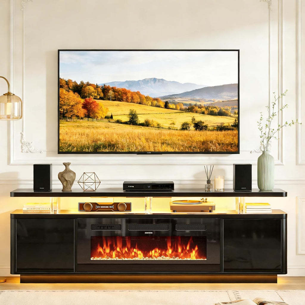 oneinmil 80" Fireplace TV Stand with Dual LED Lights, Fits Most TVs Up to 90", Electric Fireplace Entertainment Center with Storage Cabinets, Media Console for Living Room Office, Black