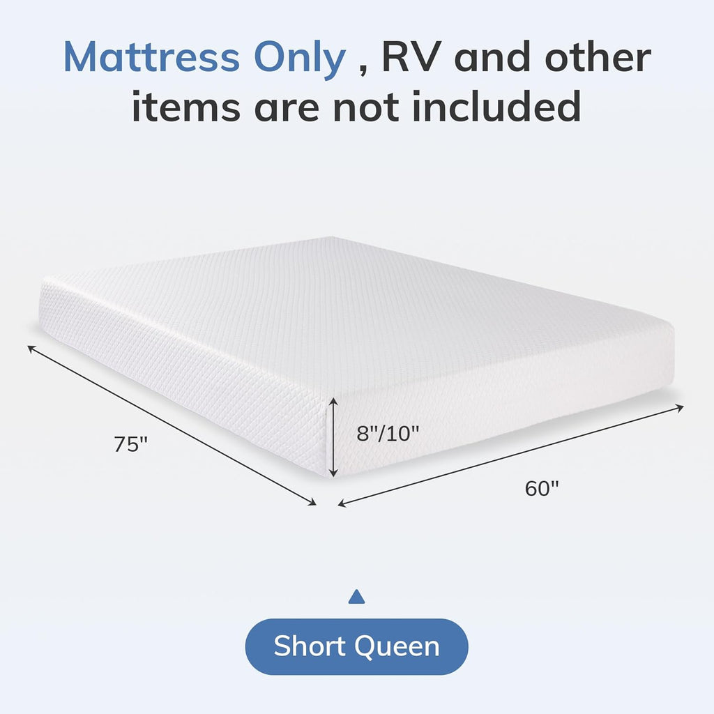 RV Mattress Short Queen 10 Inch Green Tea Memory Foam Mattress for Cool Sleep & Pressure Relief, CertiPUR-US Certified Medium Firm Mattresses in A Box, 75"×60"×10"