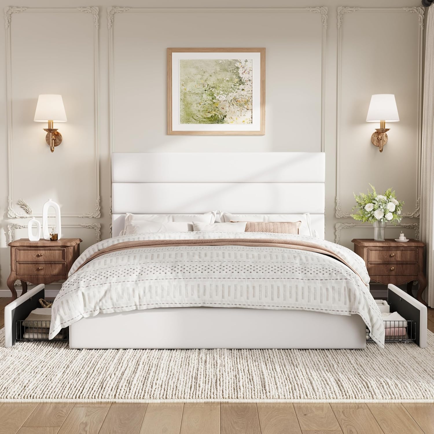 SHA CERLIN Queen Size Platform Bed Frame with 4 Storage Drawers, Velvet Upholstered Headboard, Mattress Foundation with Wooden Slats Support, No Box Spring Needed, Easy Assembly, White
