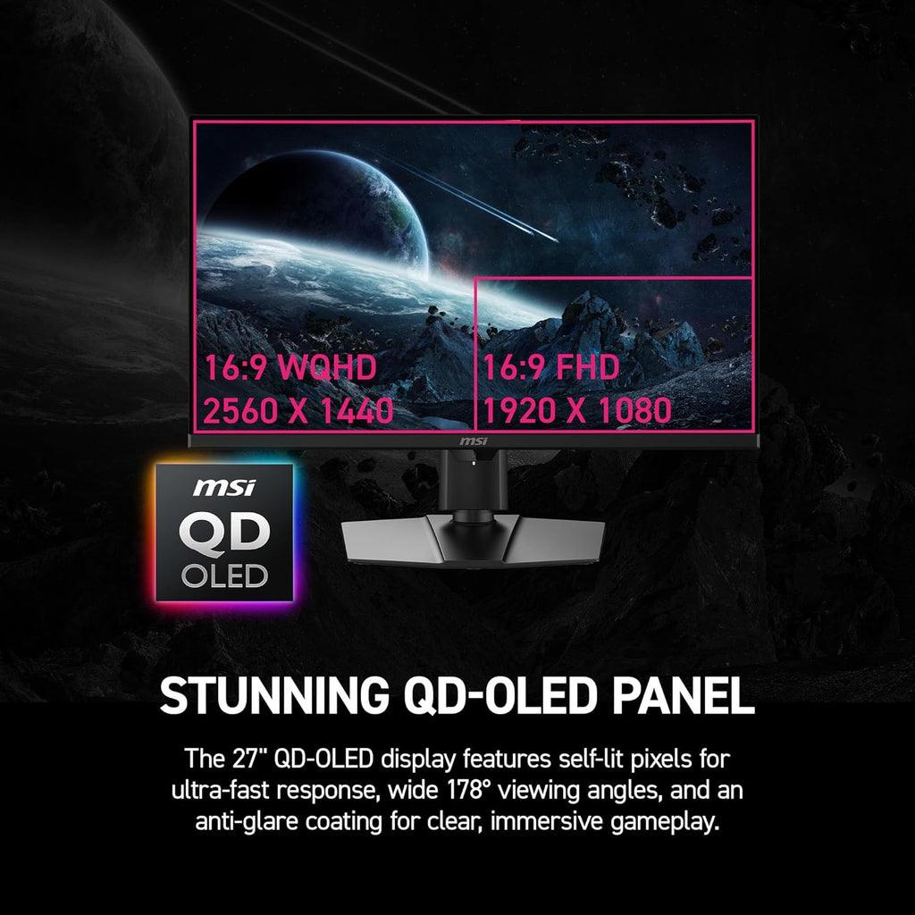 msi MPG 271QR QD-OLED X50 27-inch 2560 x 1440 (QHD) Gaming Monitor  500Hz  AMD Adaptive-Sync  HDR Ready  HDMI  VGA Port  VESA Mountable  Tilt  4-Side Slim Bezel  0.03ms  Black