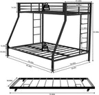 Twin XL Over Queen Bunk Bed with Trundle, Heavy Duty Metal Bunk Bed Frame with 2 Ladders and Full-Length Guardrail, Space-Saving Bunk Beds for Kids Teens Adults, No Box Spring Needed, Black