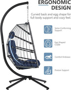 SWITTE Egg Chair Outdoor with Stand, Indoor Wicker Hanging Egg Swing Chair with Cushion, 350lbs Capacity for Patio, Bedroom, Garden - Dark Blue