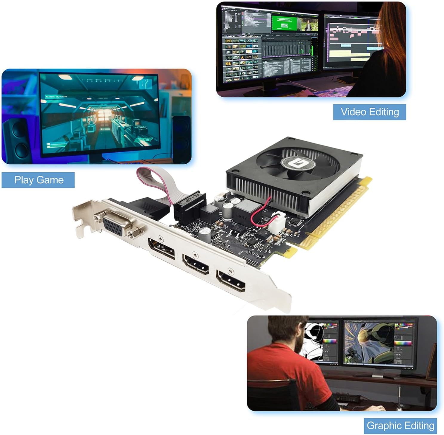 Glorto GeForce GT 730 4G Low Profile Graphics Card, 2X HDMI, DP, VGA, DDR3, PCI Express 2.0 x8, Entry Level GPU for PC, SFF and HTPC, Compatible with Windows 11