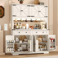 71" Tall Large Pantry Storage Cabinet w/Power Outlet,55" Wide Farmhouse Kitchen Hutch Storage Cabinet w/Barn Doors,2 Drawer,Large Countertop,LED Light,Rustic Coffee Bar,6 Hooks,8 Doors Shelves