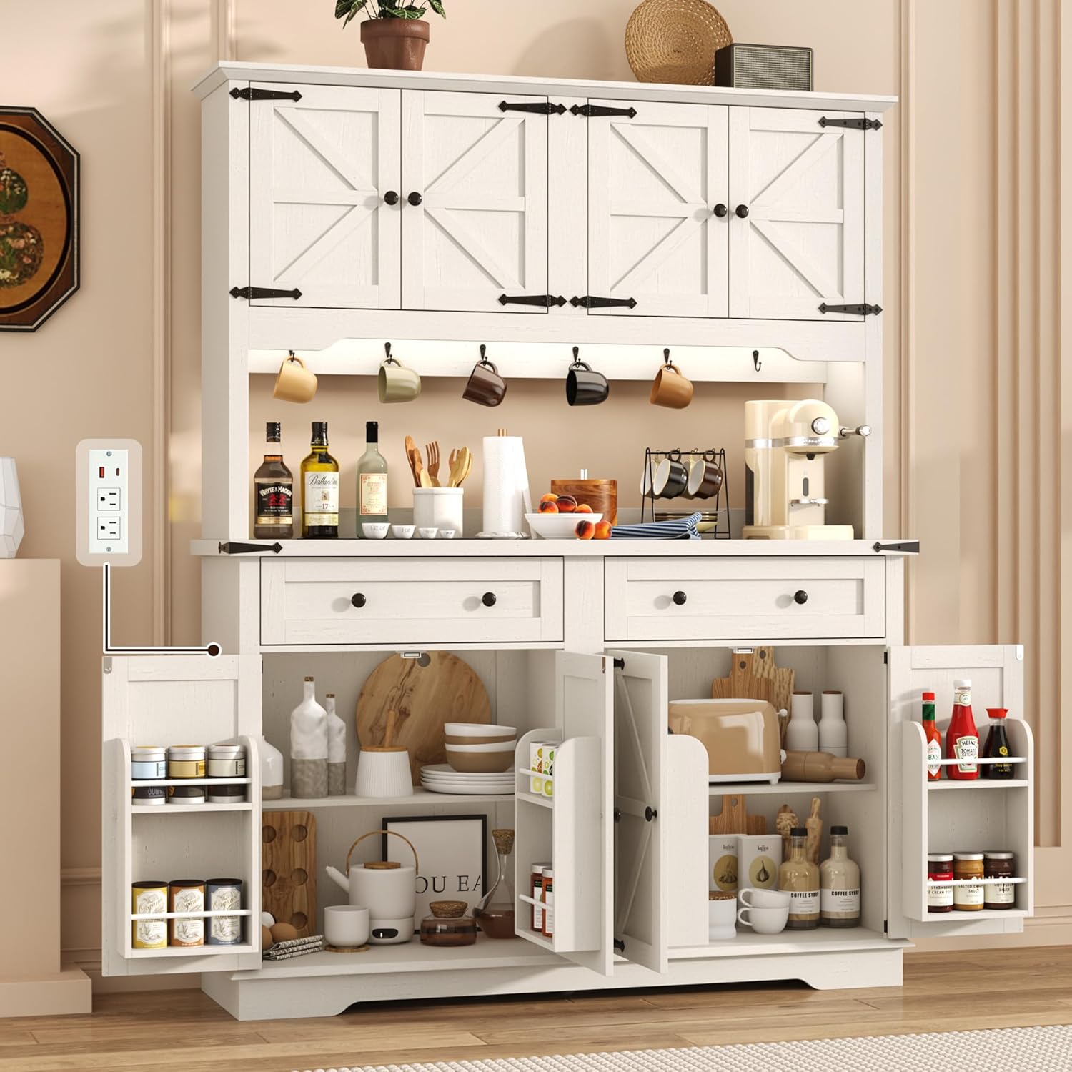 71" Tall Large Pantry Storage Cabinet w/Power Outlet,55" Wide Farmhouse Kitchen Hutch Storage Cabinet w/Barn Doors,2 Drawer,Large Countertop,LED Light,Rustic Coffee Bar,6 Hooks,8 Doors Shelves