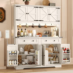 71" Tall Large Pantry Storage Cabinet w/Power Outlet,55" Wide Farmhouse Kitchen Hutch Storage Cabinet w/Barn Doors,2 Drawer,Large Countertop,LED Light,Rustic Coffee Bar,6 Hooks,8 Doors Shelves