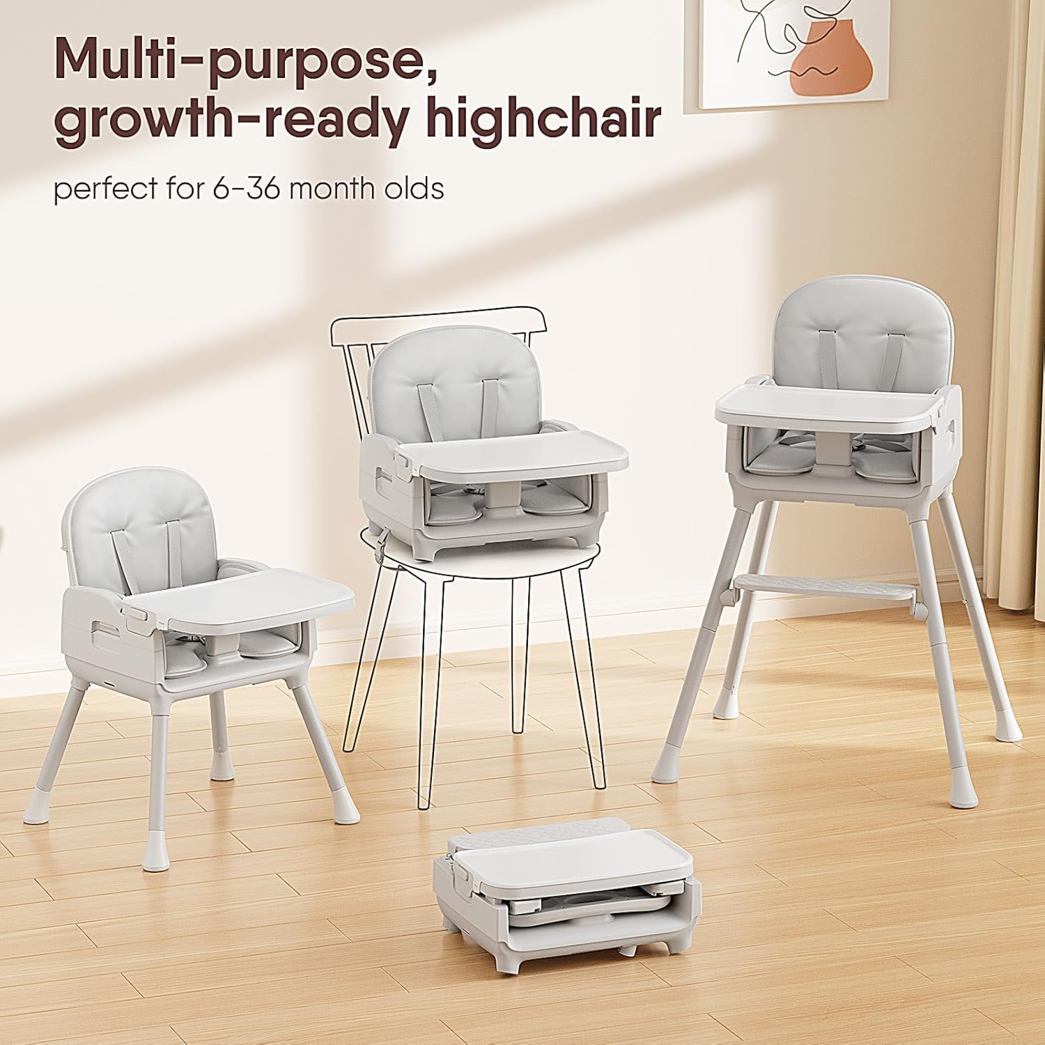 Obee Odee 3-in-1 Portable Baby High Chair for Babies and Toddlers, Convertible Easy Clean Infant Foldable Highchair with Adjustable Legs & Dishwasher Safe Tray, Grey