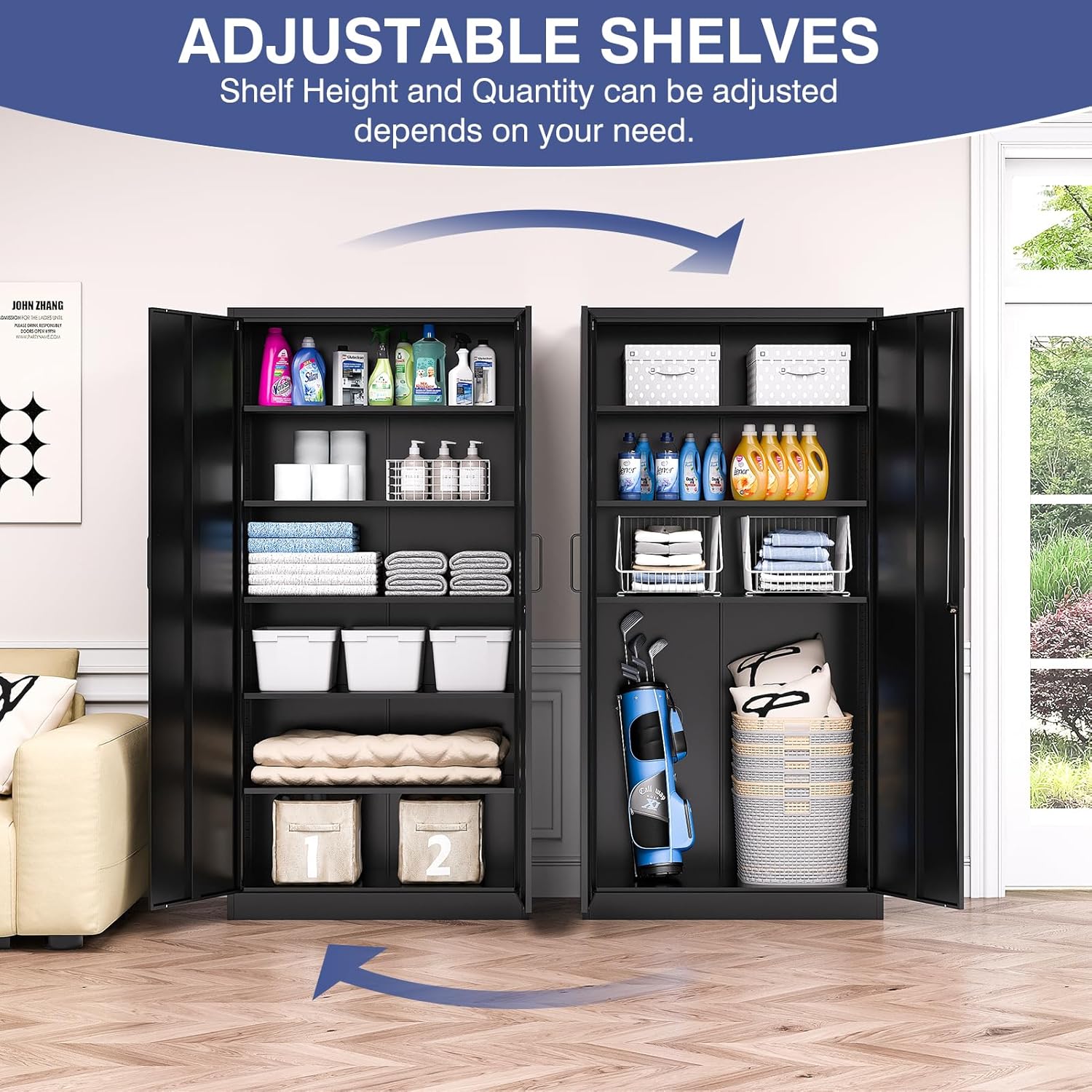 Metal Garage Storage Cabinet,Tall Black Cabinet with Doors and Adjustbale Shelves,Lockable Tool Cabinet for Garage,Basement,Home Office