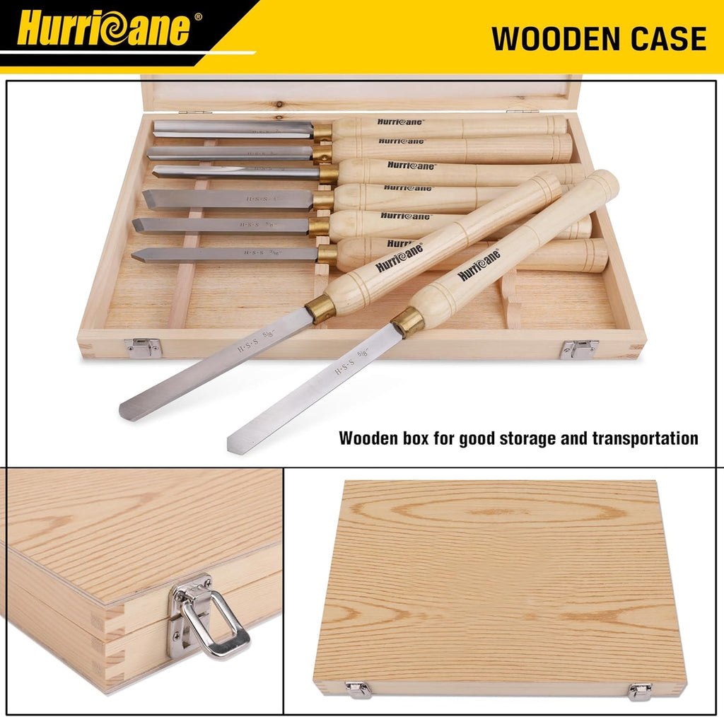 HURRICANE 8pc Wood Lathe Chisel Set, M2 HSS Wood Turning Tools with 10" Solid Hardwood Handles, Lathe Tool Kit for Beginners and DIY Hobbyists, Includes Protective Wooden Box