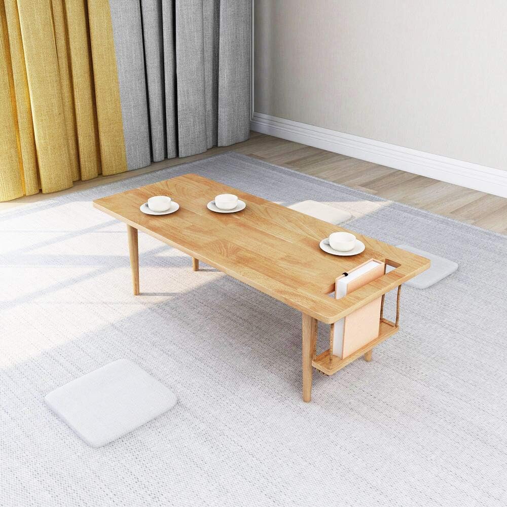 WoodShine Mid Century Modern Mini-Swing Wooden Coffee/Tea Table, Japanese Low Floor Desk, Real Solid Wood Cafe Table with Storage for Home Living Room,Office, Length of 47.25 inches,Natural