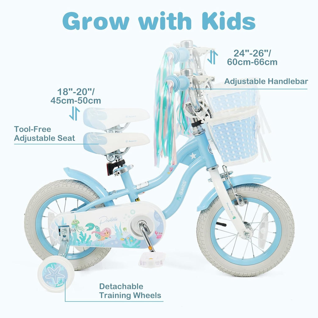 Olakids Kids Bike, 12 14 16 18 20 Inch Mermaid Theme Girls Bicycle with Training Wheels Basket Adjustable Seat and Handlebar Dual Brake