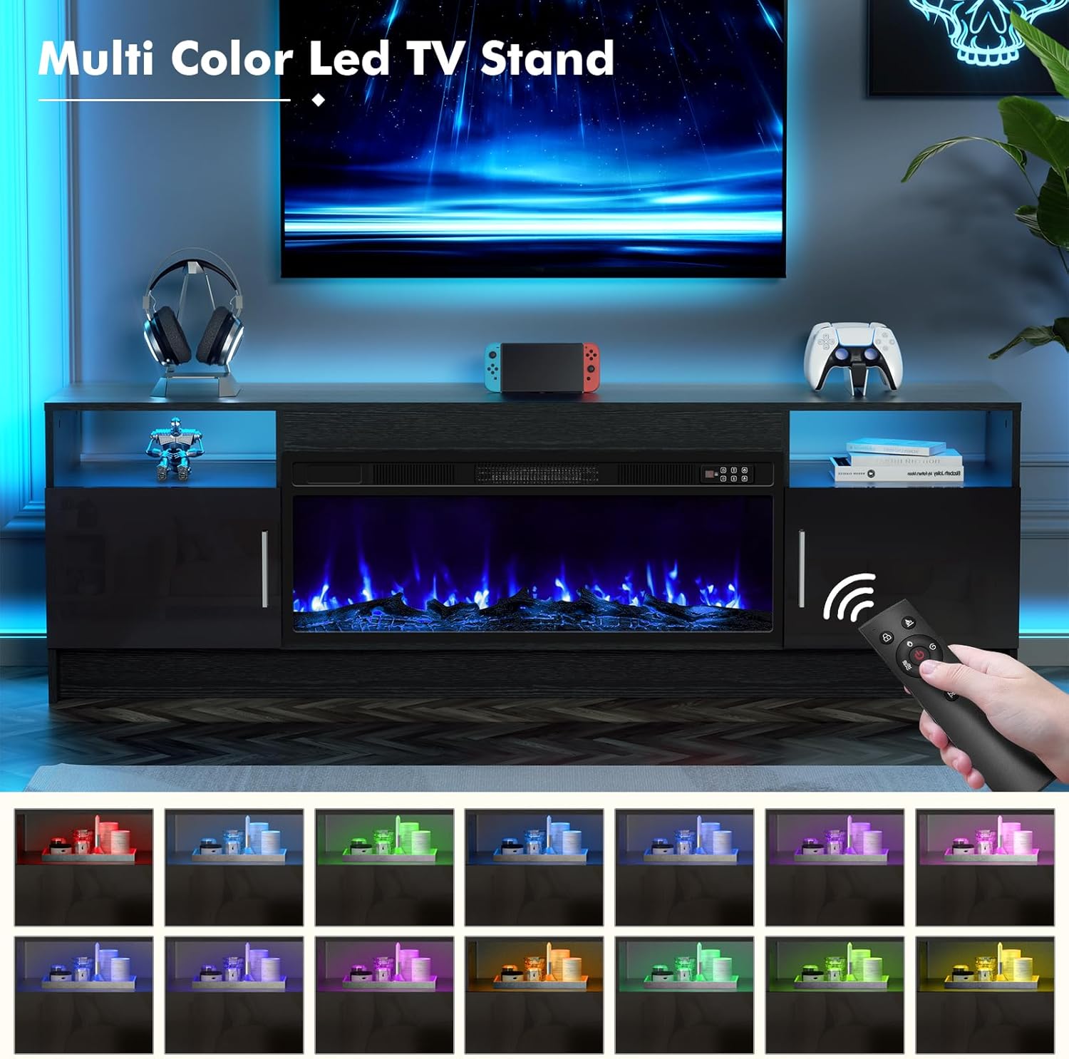 BREEZEHEAT 70" Electric Fireplace TV Stand for 80'' TV-Entertainment Center with 36'' Fireplace and Led Light-TV Table with Storage, High Glossy Door, Modern TV Console for Living Room, Black