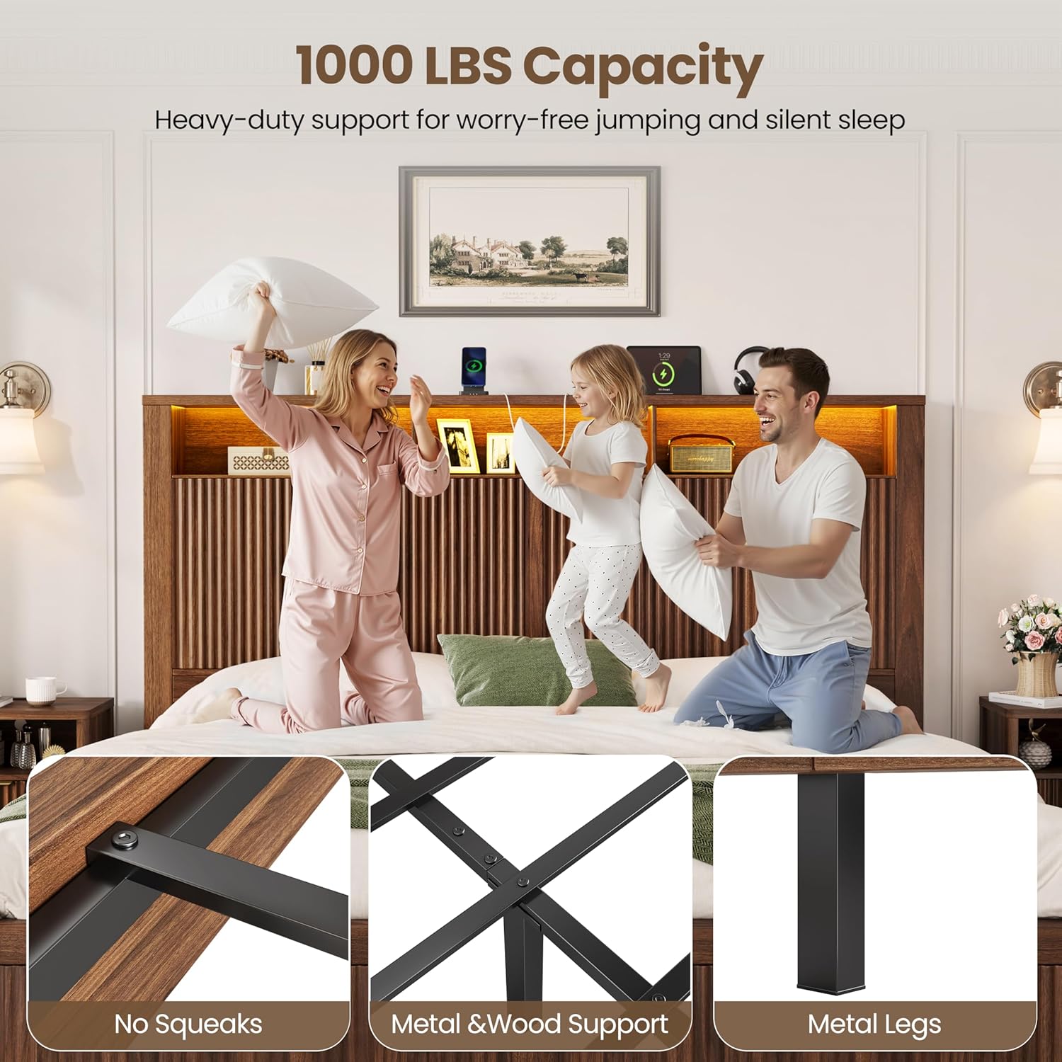 CypBed Queen Size Bed Frame with Headboard and Storage Drawers, Queen Bed Frame with LED Light and Charging Port, Farmhouse Wavy Wood Design, Wood & Metal Platform, Noise-Free, No Box Spring Needed