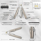 BIBURY Titanium Alloy Multitool with Damascus Knife, EDC Multi tools with Replaceable Wire Cutters, Scissors, Screwdriver Bits, Titanium Handle Multi-Tool for Camping, Survival, Repair - BI2049TI