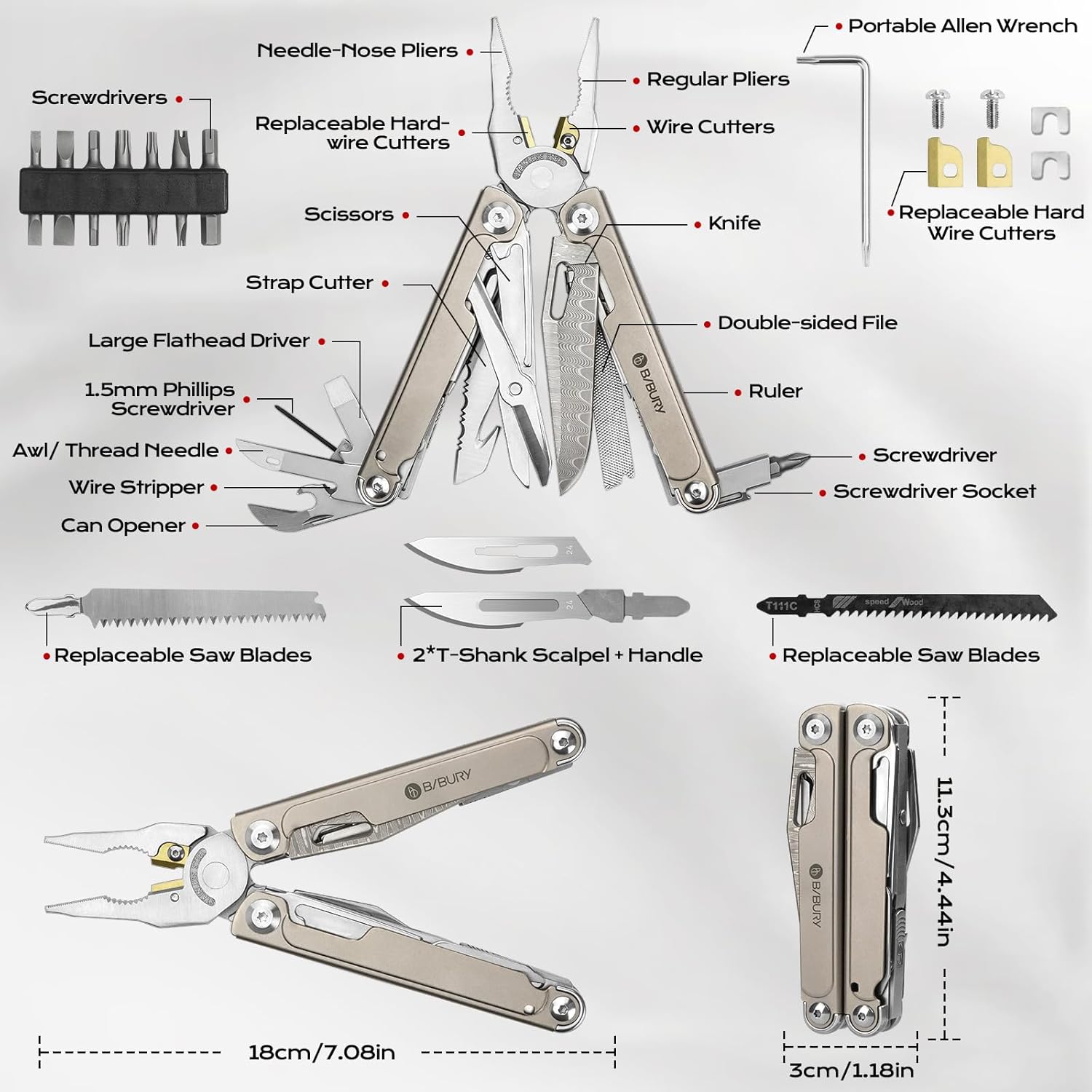 BIBURY Titanium Alloy Multitool with Damascus Knife, EDC Multi tools with Replaceable Wire Cutters, Scissors, Screwdriver Bits, Titanium Handle Multi-Tool for Camping, Survival, Repair - BI2049TI