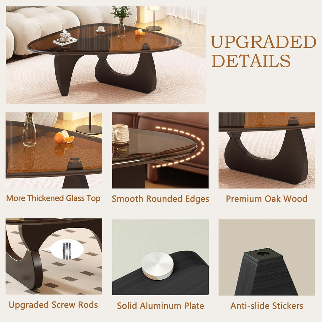 Coffee Table for Living Room Mid Century Modern Center Small Table with Glass Top and Wood, Black Brown(32 Inch)