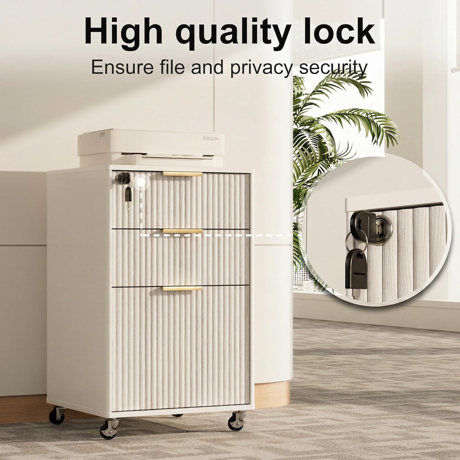 3 Drawers Fluted Mobile File Cabinet with Lock, Rolling File Cabinet Printer Stand Table, Under Desk Wooden Filing Cabinets for Home Office Essentials Storage Organization Furniture Letters/A4(White)
