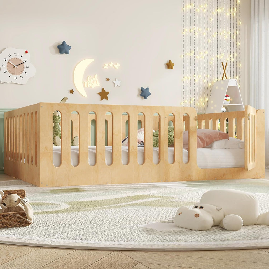 Bellemave Full Size Kids Montessori Floor Bed,Full Size Floor Bed Frame with High Fence and Door,Solid Wood Montessori Bed for Girls Boys,Natural
