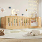 Bellemave Full Size Kids Montessori Floor Bed,Full Size Floor Bed Frame with High Fence and Door,Solid Wood Montessori Bed for Girls Boys,Natural