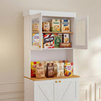 Vyre 71" Farmhouse Kitchen Pantry Cabinet Set of 2, White Freestanding Coffee Bar Hutch with Glass Doors & Adjustable Shelves, Large Storage Cabinet with Microwave Stand for Living Room & Kitchen