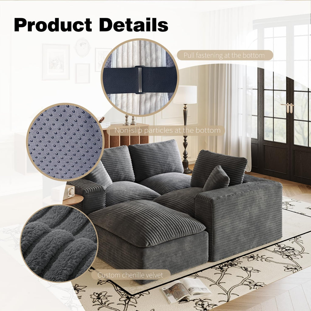 108" Plush Corduroy L Shaped Sectional Cloud Sofa Couch with Ottoman, Soft Deep Seat Modular Sectional Couches for Living Room,No Assembly. Grey