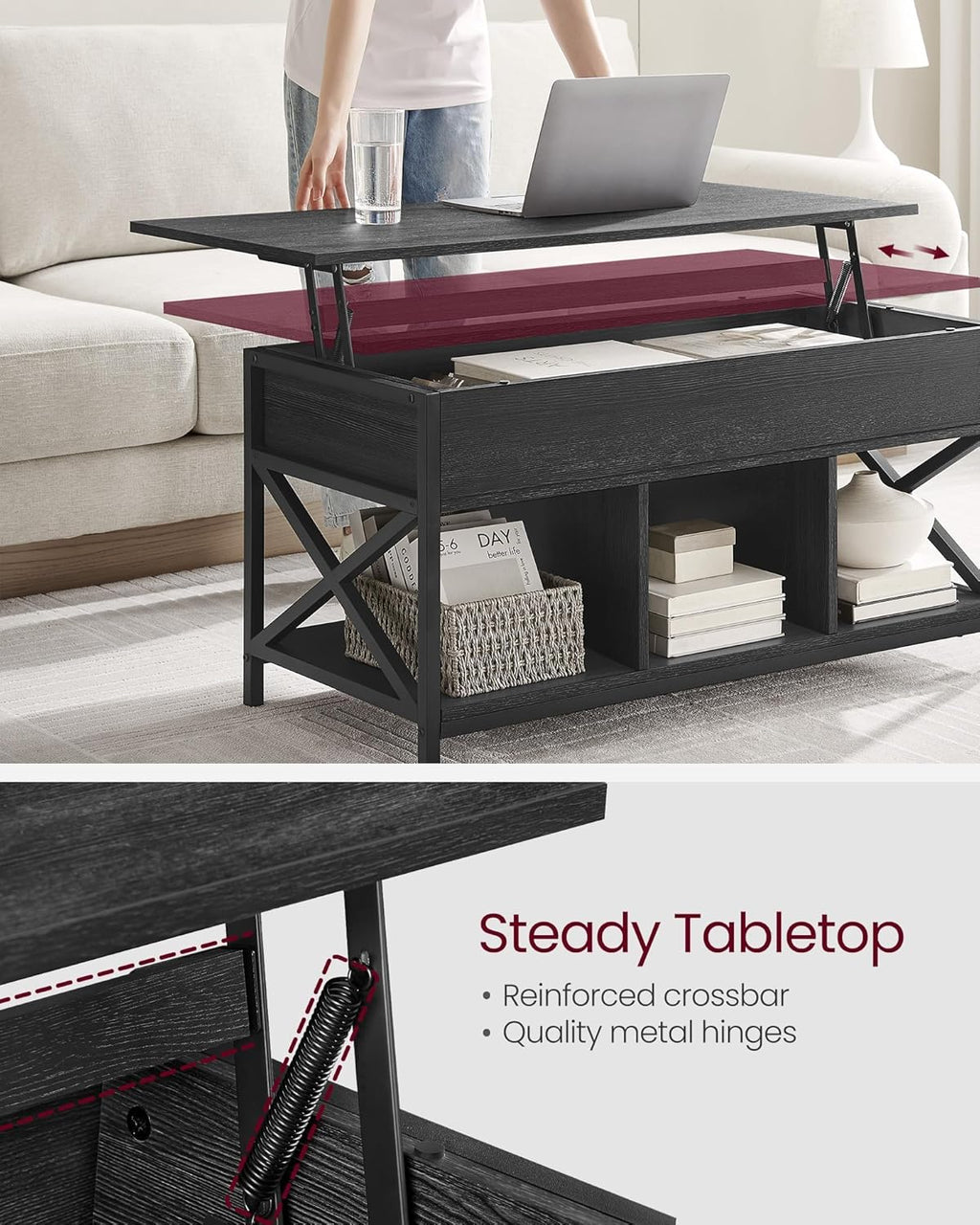 VASAGLE Lift Top Coffee Table, Lift Coffee Table with Storage Shelf, Hidden Compartments and Lifting Top, for Living Room, Office, 19.7 x 39.4 x (19.3-24.4) Inches, Black with Wood Grain ULCT202B22