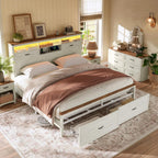 VASAGLE King Bed Frame with Storage Headboard, 51.3-Inch Tall Farmhouse Bed Frame King Size with 4 Drawers, LED Lights, Charging Station, Noise-Free, No Box Spring Needed, Rustic White URMB424W01S