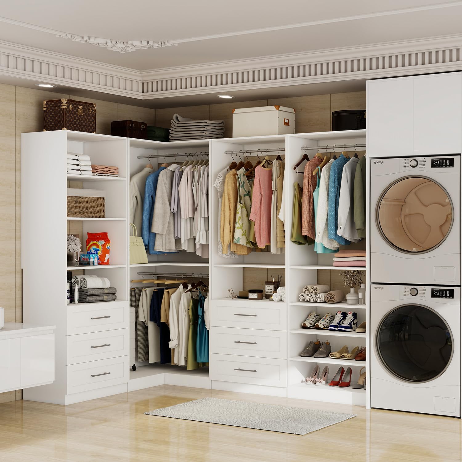 Closet System with 4 sets, 101.9" Closet Organizer Systems with 6 Drawers & 8 Hanging Rods & Adjustable Shelves, Walk in Closet Standing Closet System, Corner Closet System Set, White
