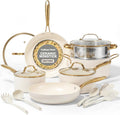 Gotham Steel 15 Pc Ceramic Cookware Set, Ceramic Pots and Pans Set Non Stick with Cooking Utensils and Steamer, Non Toxic PFOA PFOS Free, Premium Gold Stay Cool Handles, Oven & Dishwasher Safe