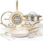Gotham Steel 15 Pc Ceramic Cookware Set, Ceramic Pots and Pans Set Non Stick with Cooking Utensils and Steamer, Non Toxic PFOA PFOS Free, Premium Gold Stay Cool Handles, Oven & Dishwasher Safe