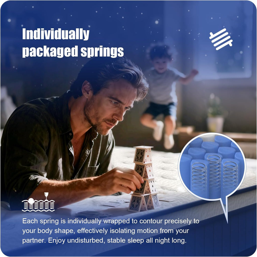King Size Mattress 80 * 76 * 14 Inches Soft and Breathable Cotton Ergonomic Design Individually Pocketed Reinforced Springs All Around Quiet Sleep Comfort and Durable