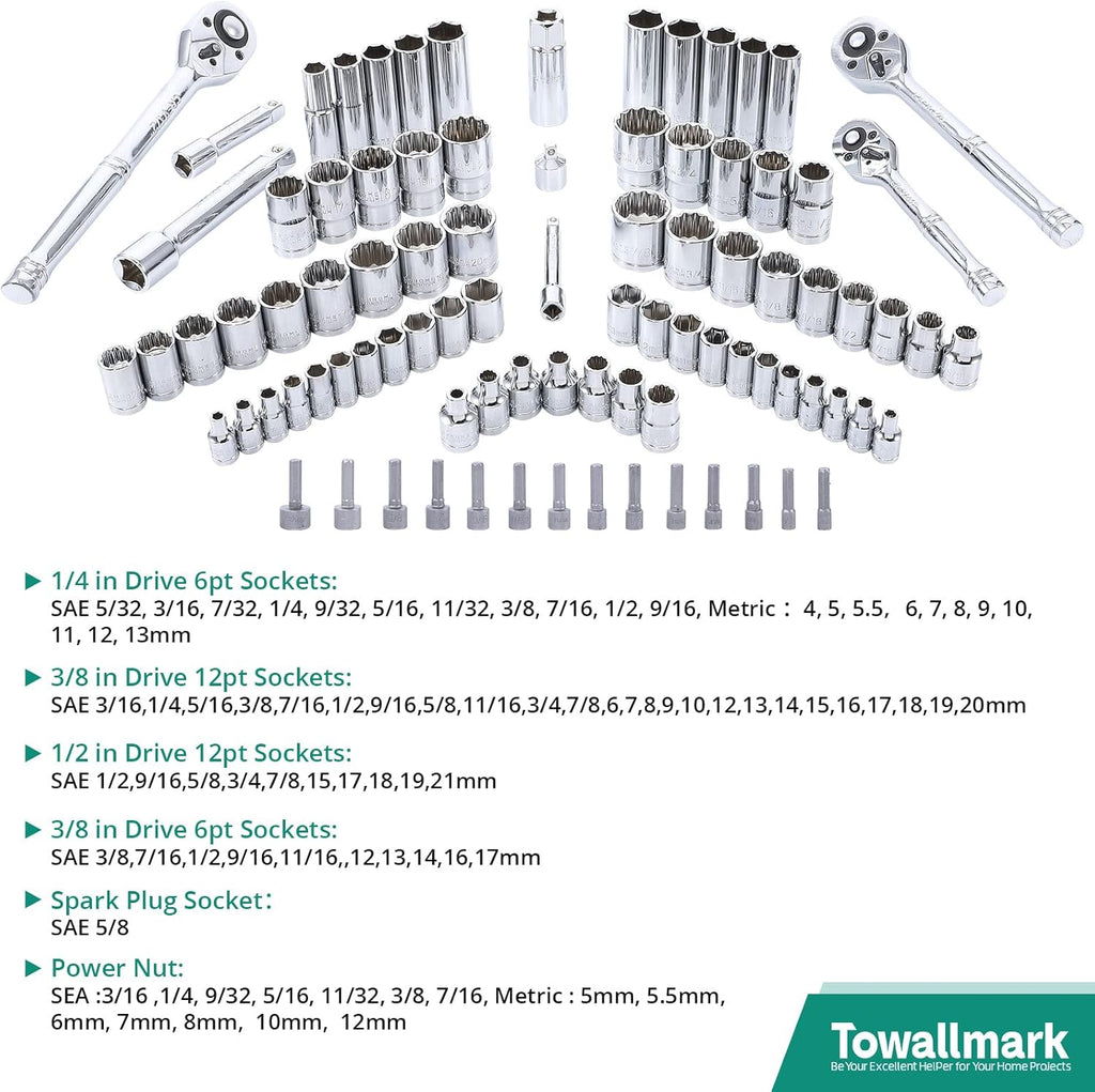 Towallmark 213 Piece Mechanic Tool Set and Socket Wrench Set, SAE and Metric Household Hand Tool Kit, Cr-V Constructed, Home/Auto Repair Tool Sets with Storage Case