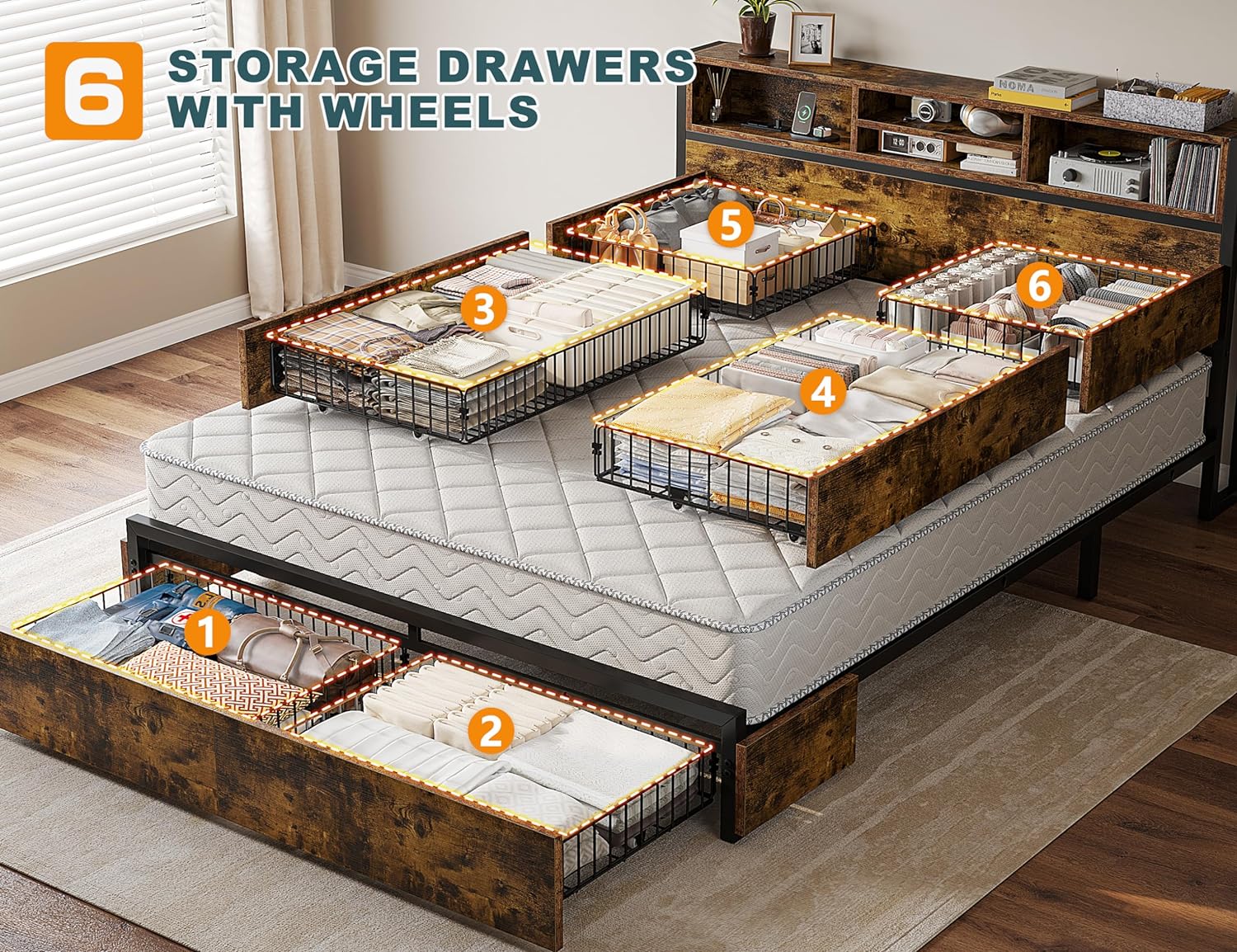 EnHomee Queen Bed Frame with 6 Storage Drawers, Bed Frame Queen Size with Headboard & Charging Station, No Noise,No Box Springs Needed,Vintage Brown