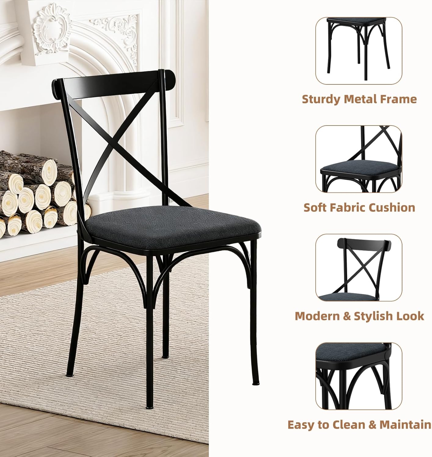 47" Round Dining Table Set for 4-6 People, Large Farmhouse Kitchen Dining Table Set with Chairs and Storage Rack, Metal Base Round Table for Home Dining Room Living Room (Cat table and 4 black chairs)