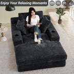 49.6"W x 75.9"D Super Oversized Chaise Lounge Chair Indoor Boneless Reading Chair Corduroy Recliner Deep Seat Sleeper Fluffy Comfy Sofa Bed Couch with Cup Holders for Living Room Bedroom, Dark Gray