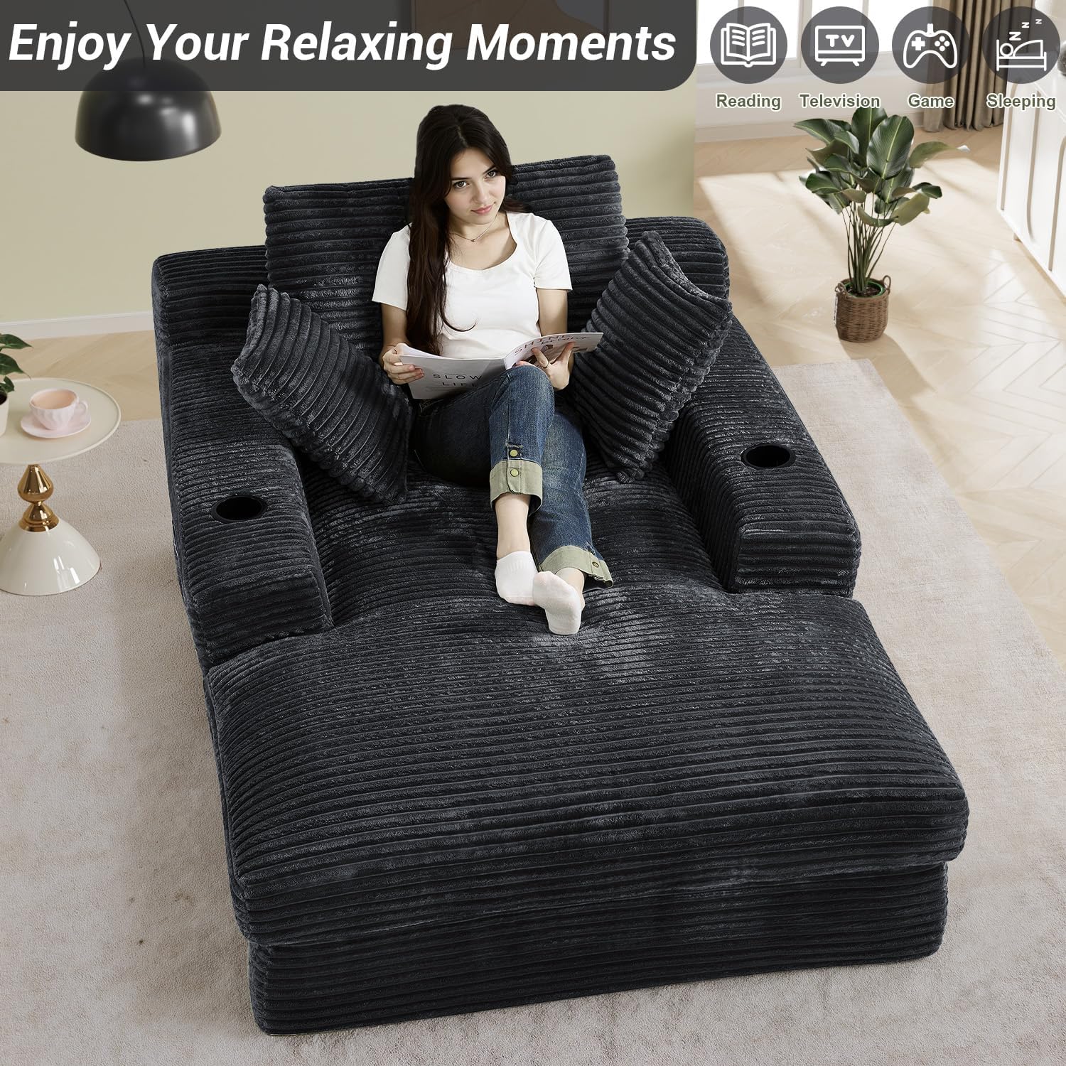 49.6"W x 75.9"D Super Oversized Chaise Lounge Chair Indoor Boneless Reading Chair Corduroy Recliner Deep Seat Sleeper Fluffy Comfy Sofa Bed Couch with Cup Holders for Living Room Bedroom, Dark Gray