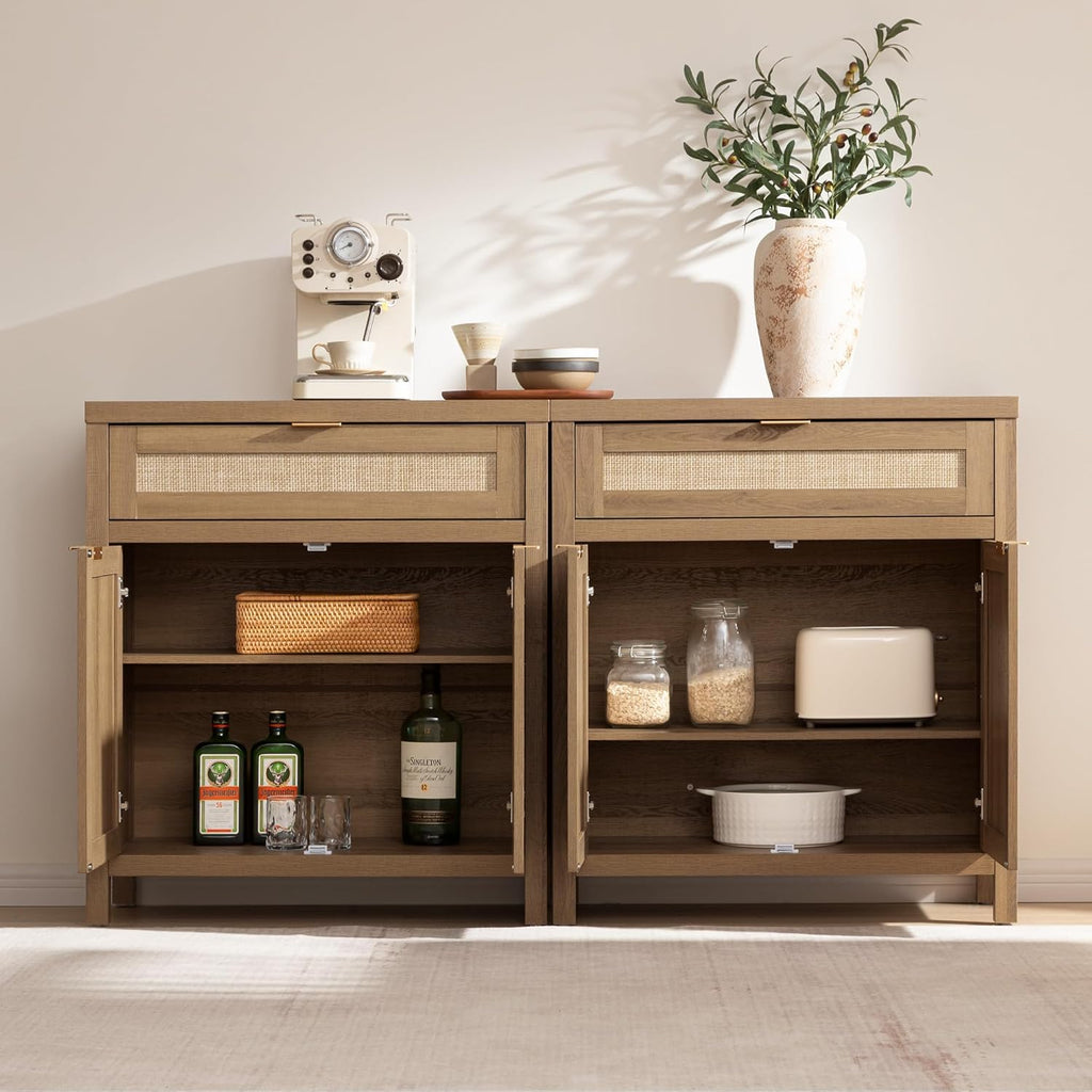 SICOTAS Sideboard Buffet Cabinet Set of 2, Rattan Credenza Storage Cabinet, Boho Buffet Table Console Cabinets with Drawer, Farmhouse Coffee Bar for Entryway Living Room, Natural Oak