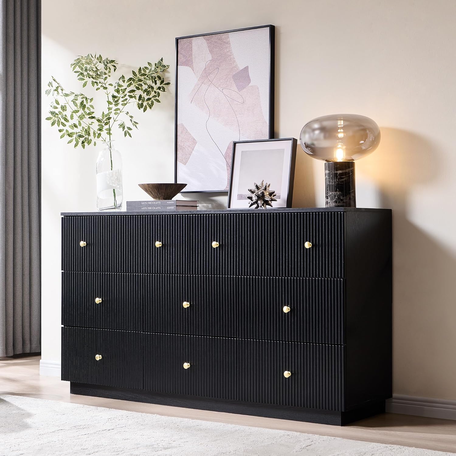 Fluted Dresser for bedroom, 55"W Black 8 Drawer Dressers, Wood Tall Dresser Storage Organizer, Modern Bedroom Chest of Drawers with Deep Storage for Closet Hallway, Entryway, Living Room Black
