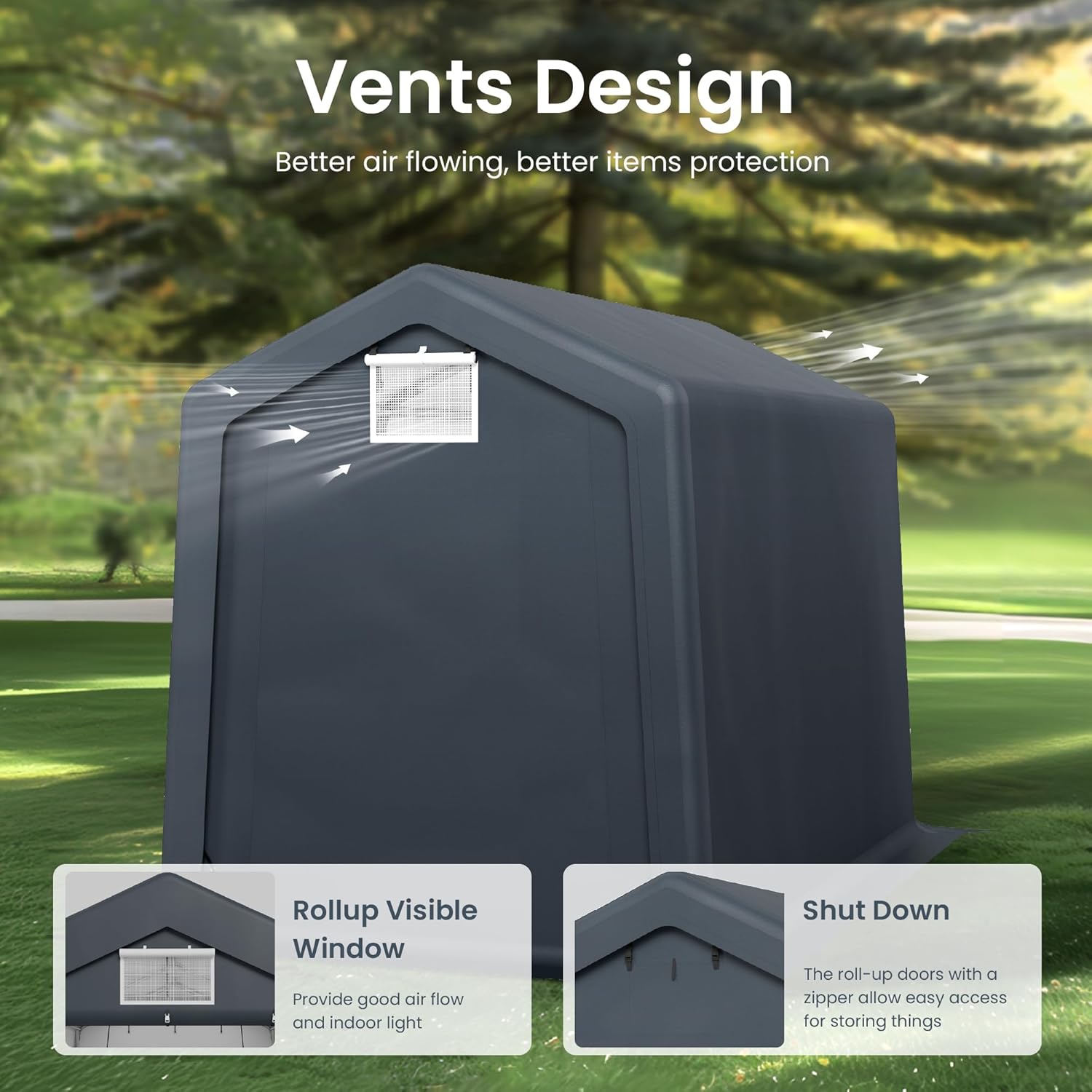 PHI VILLA 6x10ft Storage Shelter Shed, Portable Carports Outdoor Garage Canopy with Roll up Zipper Doors & Vents Waterproof UV Resistant Garages Tent for Cars,Boats,Tools, Motorcycle, Gray