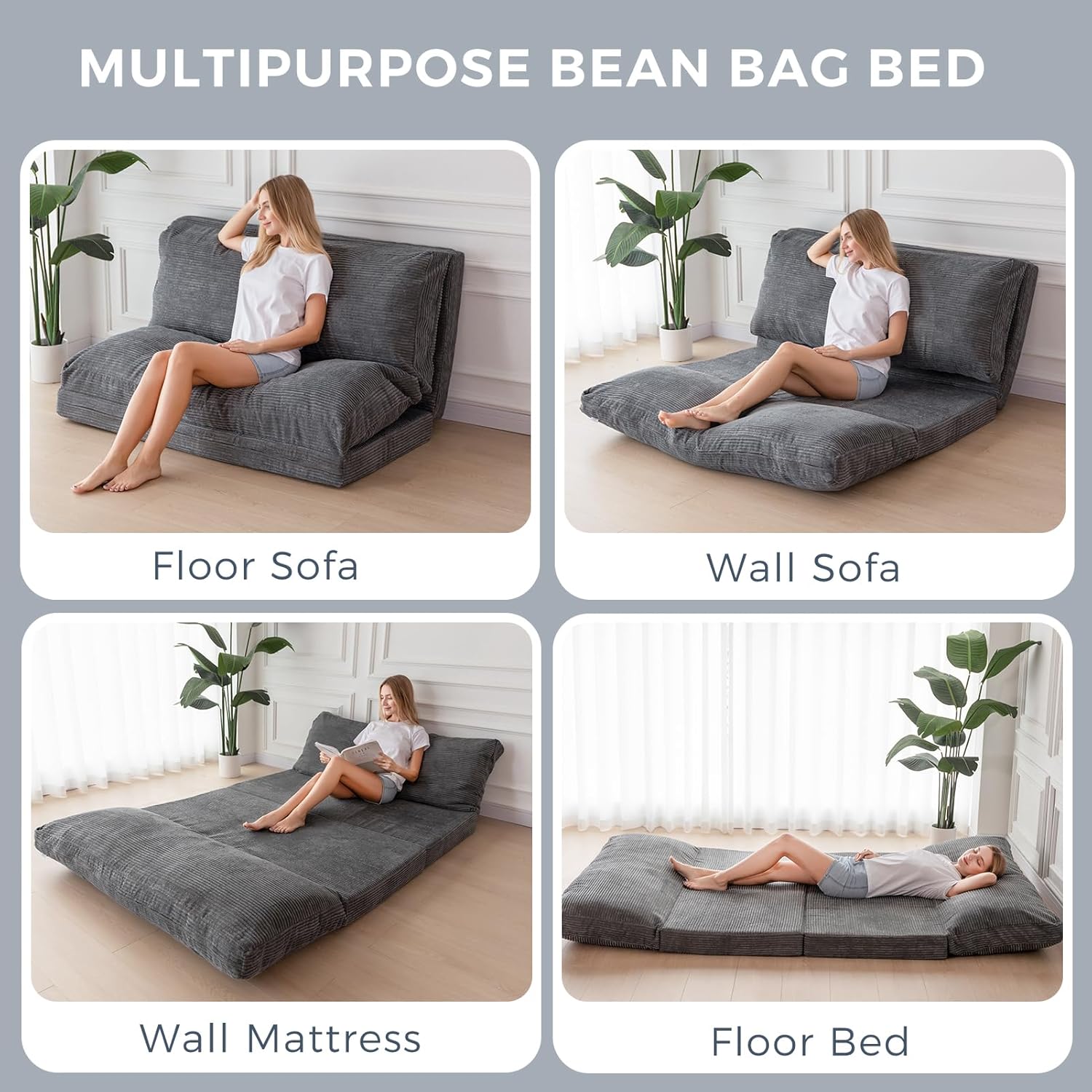 MAXYOYO Folding Sofa Bed, Extra Thick and Long Floor Sofa Convertible Sleeper Chair with Washable Cover, Floor Couch Lounge Bean Bag Bed for Living Room, Dark Grey, 30x95 Inch