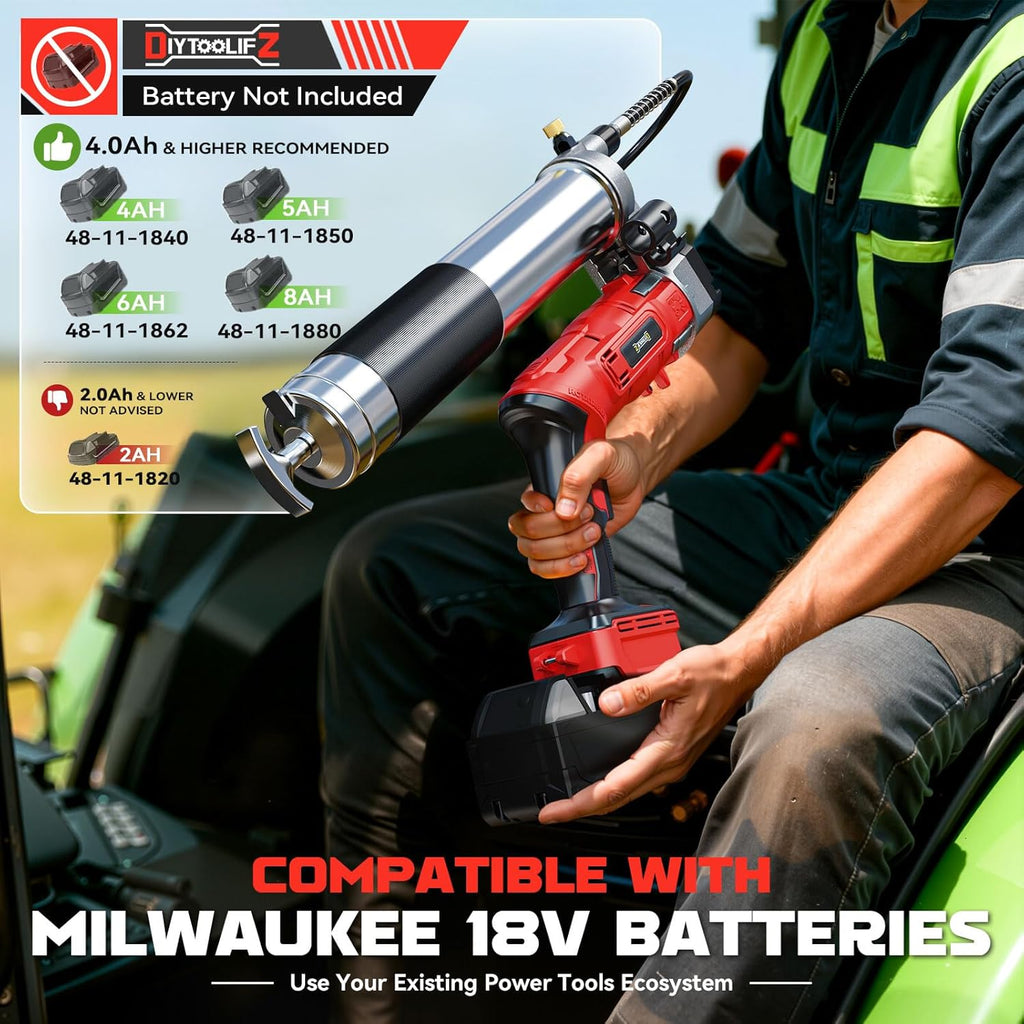DIYtoolifz Cordless Grease Gun Compatible with Milwaukee 18V Battery, 12000PSI High-Pressure with 2-in-1 Rotating Handle, 39.4" Hose & 4 Couplers for Bulk & Cartridge Grease (Tool Only)