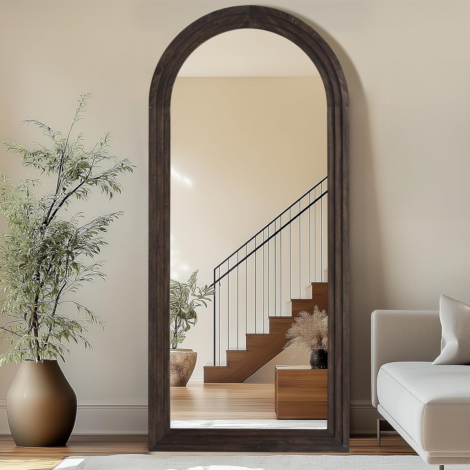 Rustic Standing Full Length Mirror Wood Frame, 71"X32" Large Arched Floor Mirror with Stand, Farmhouse Wood Mirror Full Length for Bedroom Living Room Entryway, Leaning or Wall Mounted, Brown