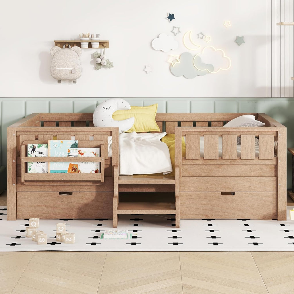 Bellemave Full Size Kids Montessori Bed with Stairs and Bookshelf,Solid Wood Full Size Kids Bed Frame with Drawers and Storage for Girls Boys,Low-Profile,Natural