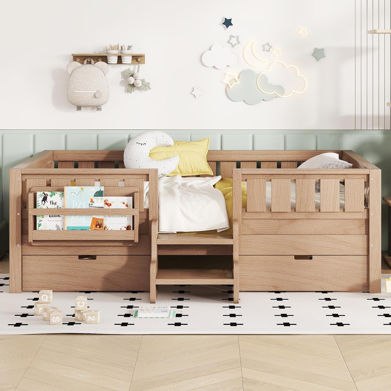 Bellemave Full Size Kids Montessori Bed with Stairs and Bookshelf,Solid Wood Full Size Kids Bed Frame with Drawers and Storage for Girls Boys,Low-Profile,Natural