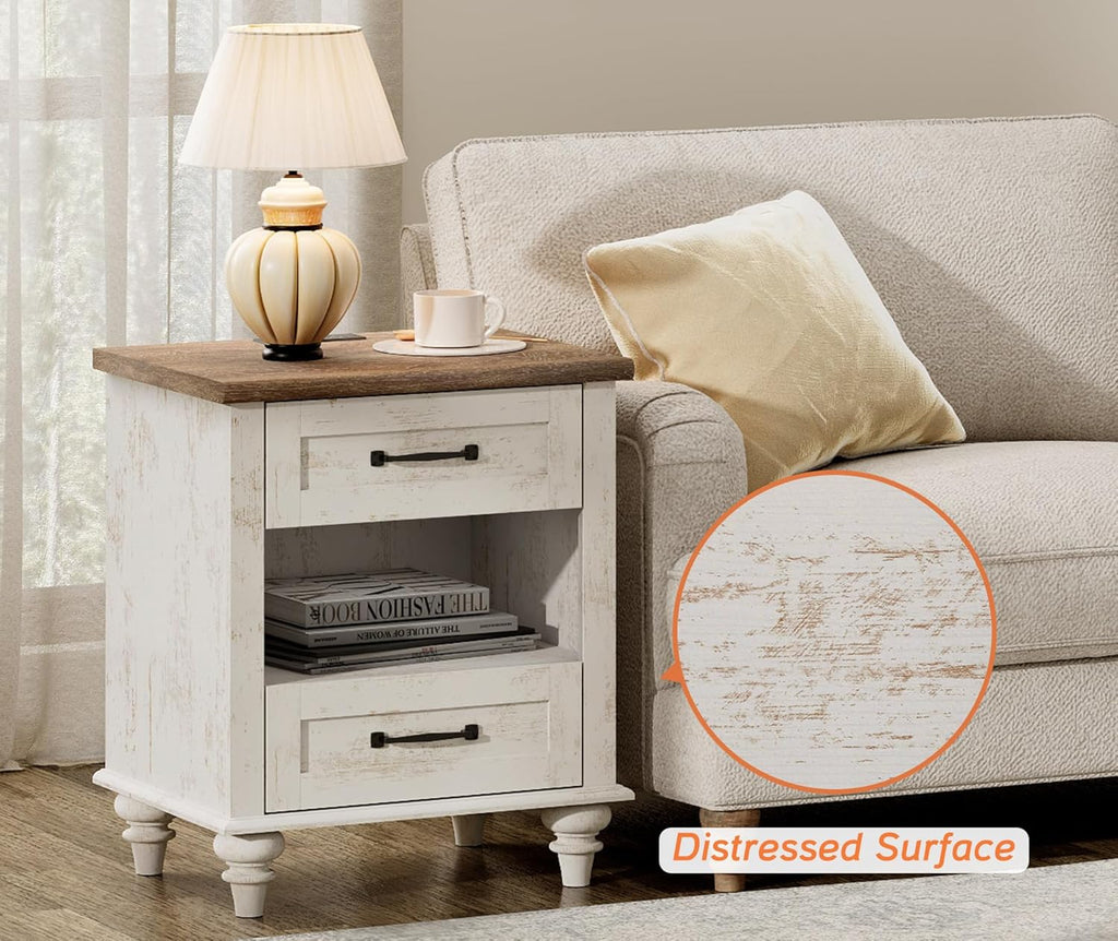 WAMPAT Farmhouse End Table Nightstand with Charging Station, Small Side Table with 2 Drawers & Shelf for Living Room, Light Wood Night Stand Bedside Table for Bedroom, Antique White